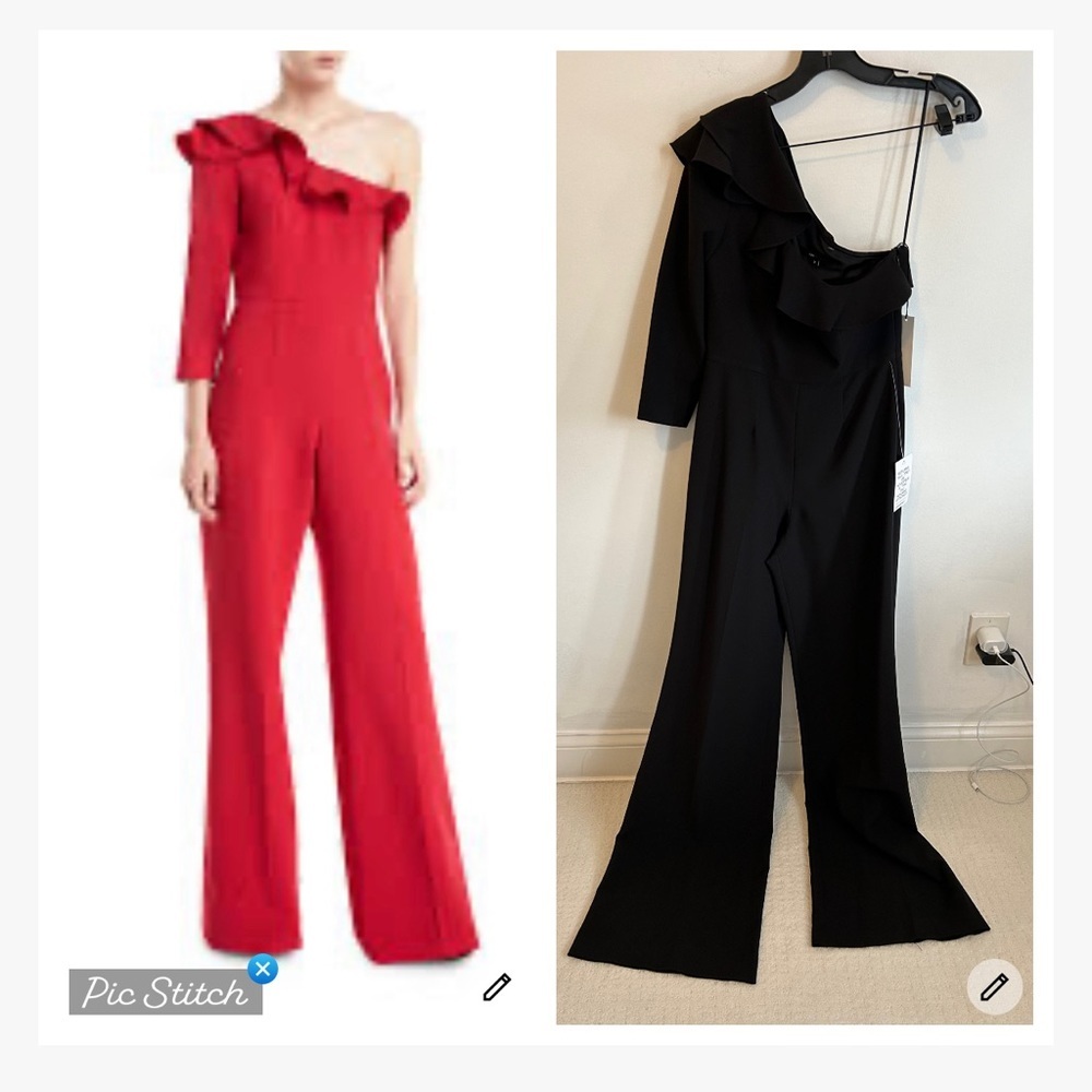 Jay Godfrey Pogge Black Ruffle 1 Shoulder Wide Leg Jumpsuit